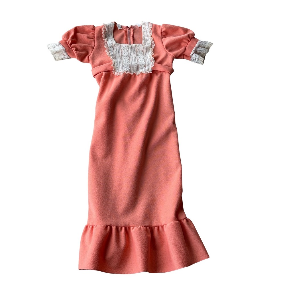 Vintage Girls Coral Pink Lace Maxi Dress Puffed Sleeve Ruffle Hem